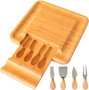 Organic Bamboo Cheese Cutting Board with Cutlery & Knife Set, Includes 4 Stainless Steel Serving Utensils, Wooden Serving Tray for Charcuterie Meat Platter, Fruit & Crackers