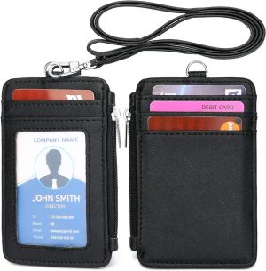 Leather ID Badge and Card Holder with Lanyard - Adjustable Retractable Waterproof ID Name Tag Badge Holder Fit for Offices School Driver License Students Employees ID Badge Holder