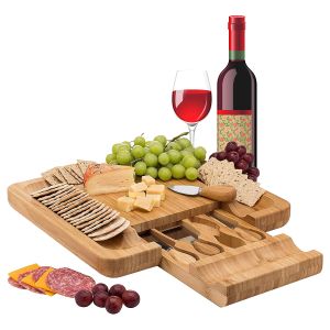 Organic Bamboo Cheese Charcuterie Cutting Board with Cutlery & Knife Set, Includes 4 Stainless Steel Serving Utensils, Wooden Serving Tray