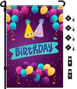 Happy Birthday Garden Flag | Bonus Flag Pole, Wind Clip & Stopper Included, Premium Fabric, Double Sided Design| 